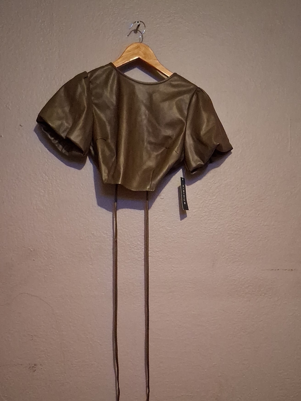 Olive Green Faux-Leather Cropped Tie-Back Top